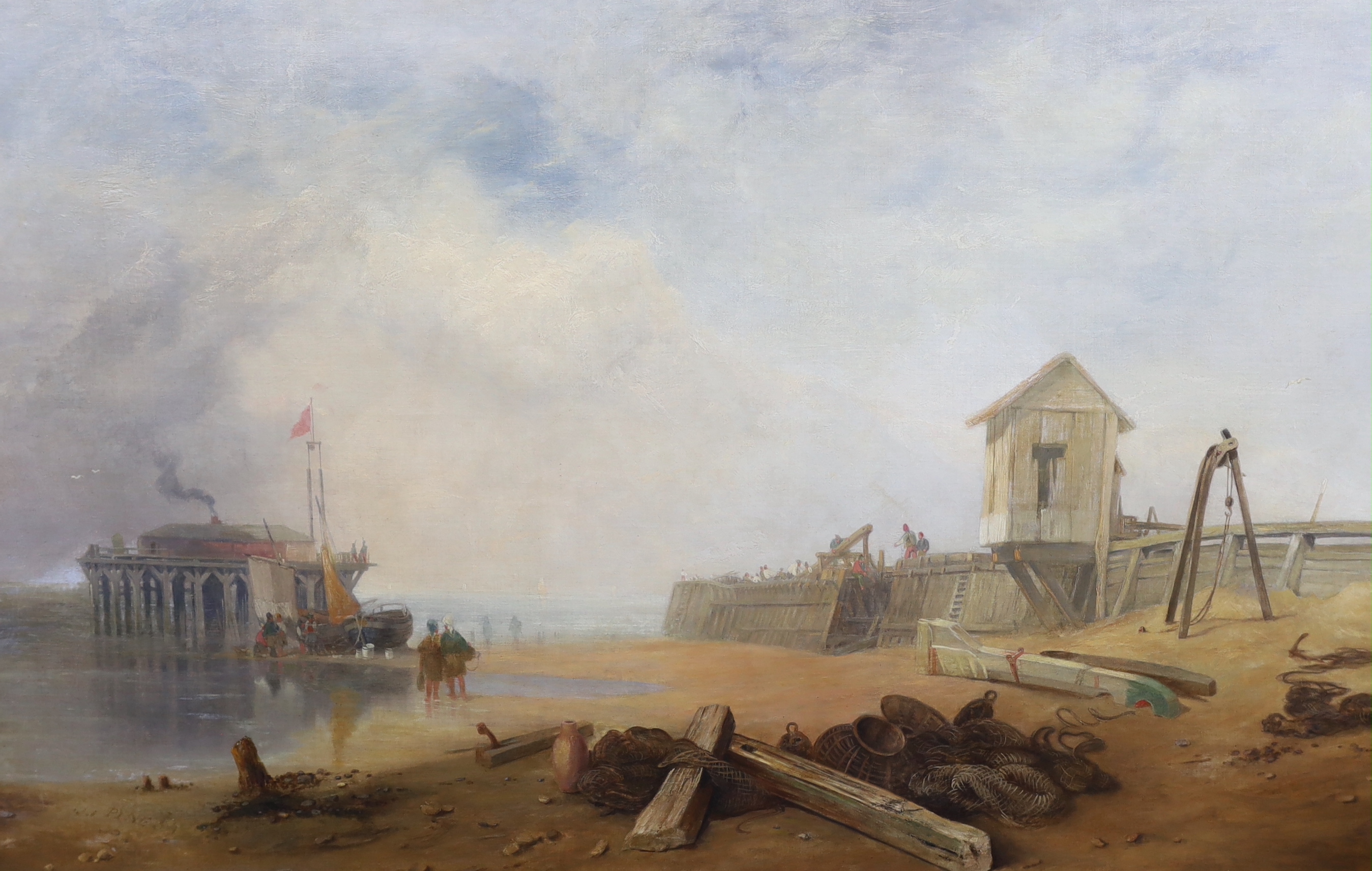 James Baker Pyne (British, 1800-1870), Beach scene with fisherfolk around a jetty, oil on canvas, 86 x 133cm